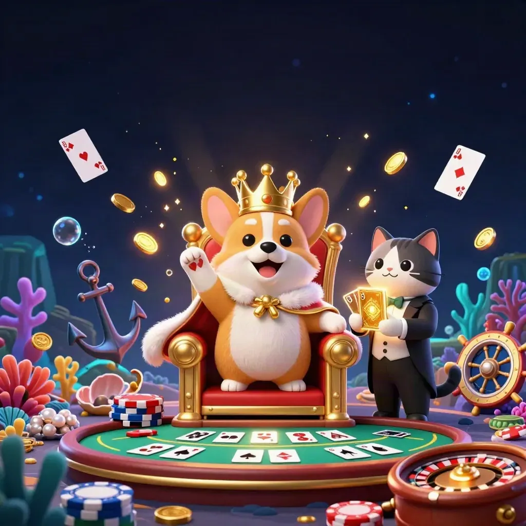 Royal corgi and cat butler in a treasure cove with casino lights and floating gold.