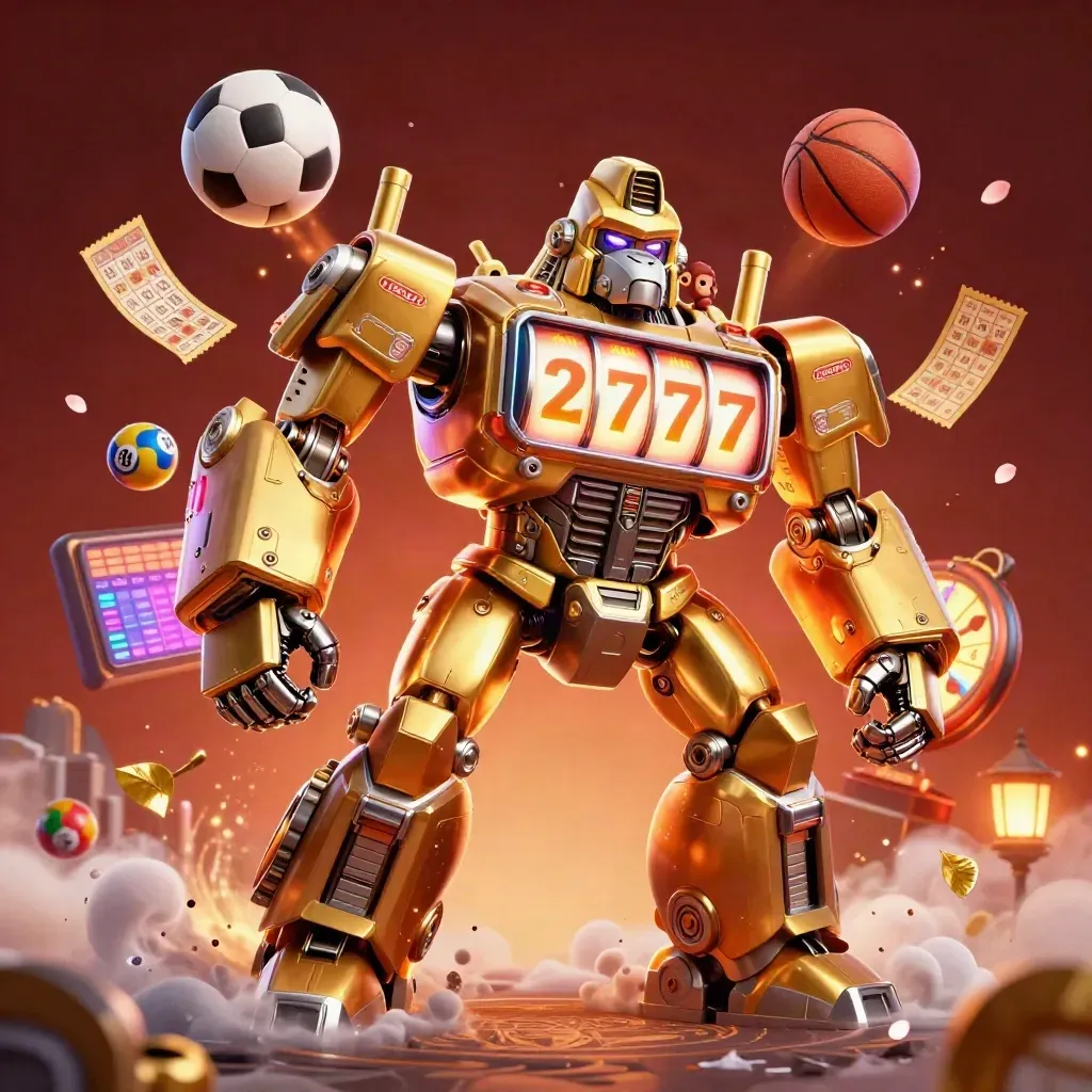 Golden slot-machine gorilla mech amid flying sports balls, lottery props, ember glow, and mist.