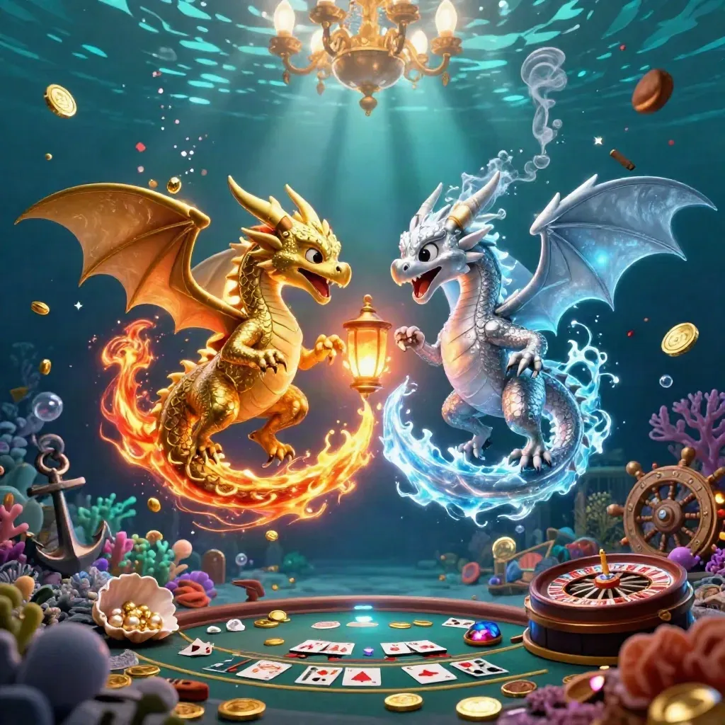 Gold and silver dragons spiral over an underwater casino treasure cove with glowing lights and cards.
