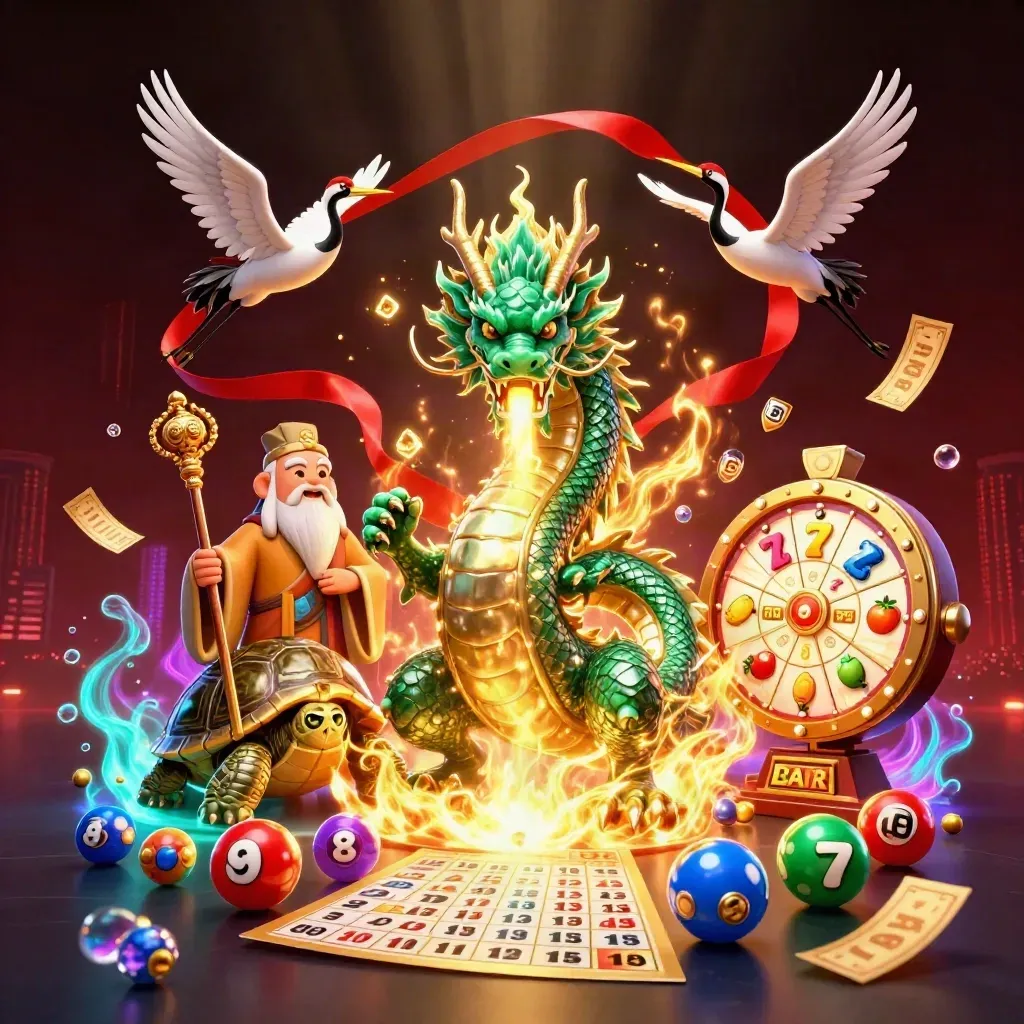 Emerald dragon, turtle sage, and cranes amid casino treasure bursts and glowing lights