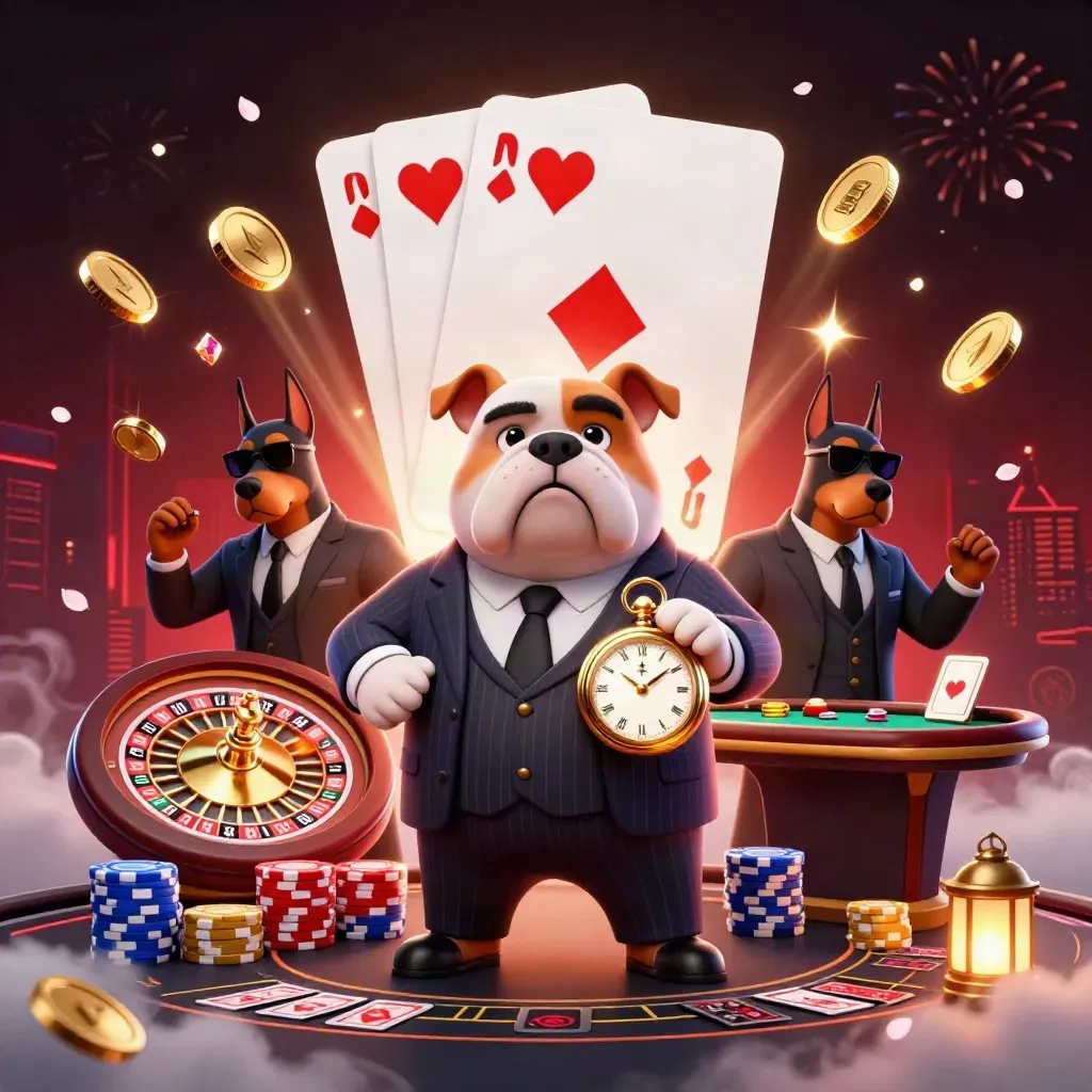 Bulldog boss and Doberman guards amid coins, chips, roulette, fireworks, and red-black casino glow.