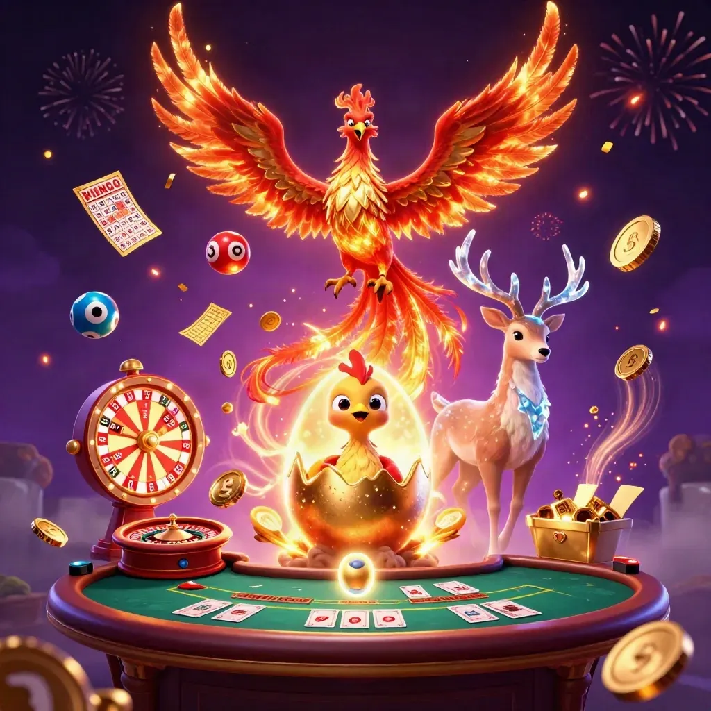 Fire phoenix, baby phoenix, stag, casino reels, coins, fireworks, and glowing magic in a luxe purple-gold scene.