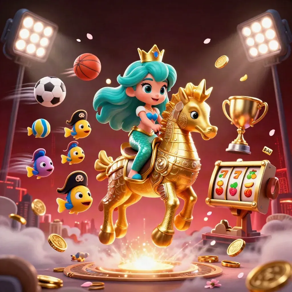 Mermaid princess on armored seahorse with pirate fish, casino symbols and glowing neon effects.
