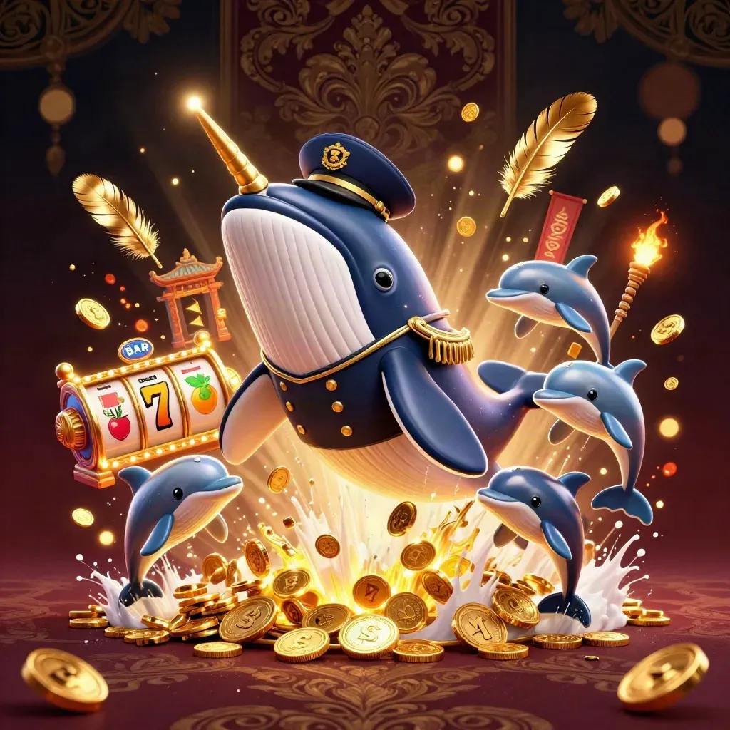 Whale captain, narwhal and dolphins amid coins, reels and glowing casino effects.